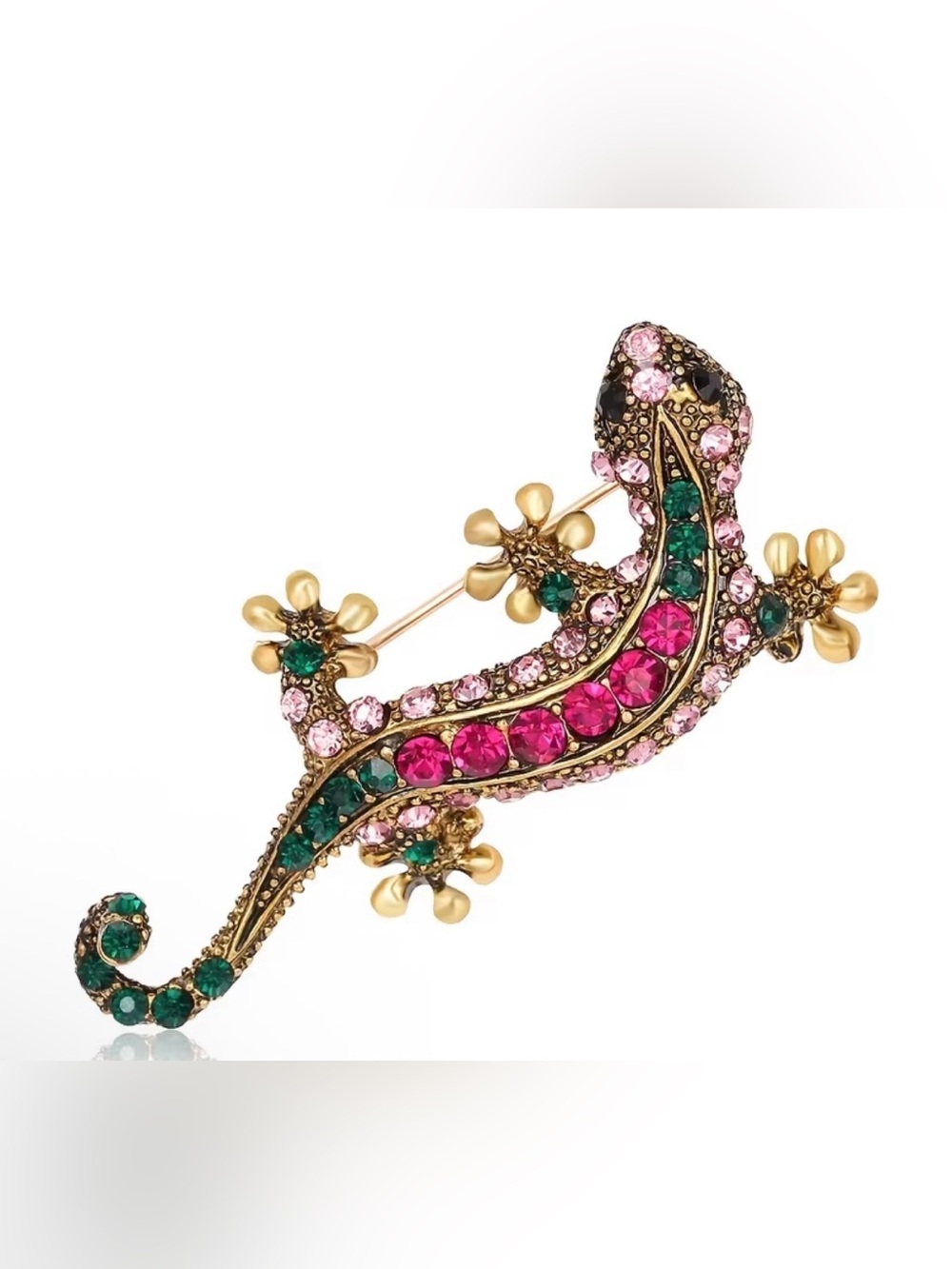 Gold-Tone Pink & Green Crystal Lizard Brooch new - Picture 3 of 6